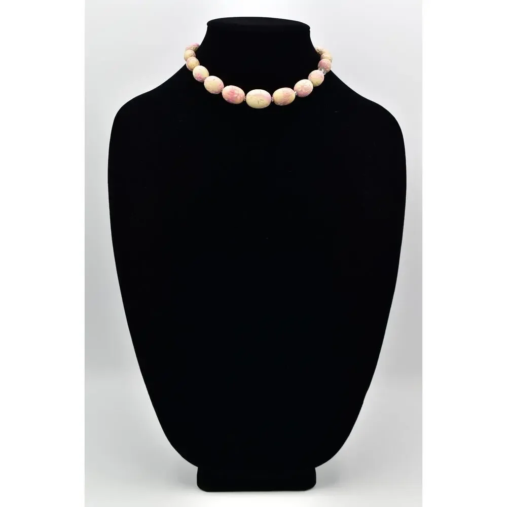 Vintage Flower Carved Beaded Choker Collar Necklace Egg Pink AB Crystal BinBD